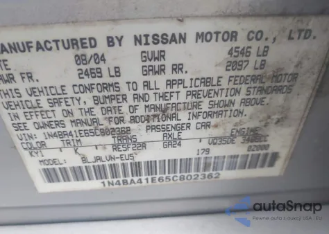 2005 Nissan Maxima 3.5 Sl from USA, damaged, VIN 1N4BA41E65C802362